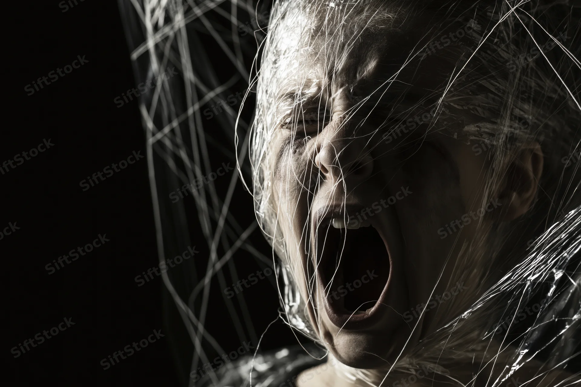 Woman screaming with mouth wide open, face partially wrapped in plastic sheeting, dark background