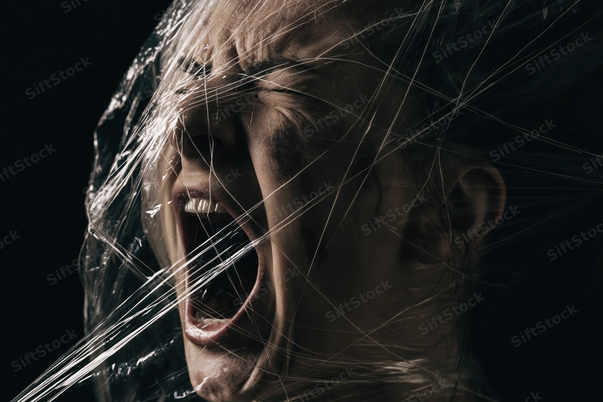 Woman screaming with mouth wide open, face partially wrapped in plastic, dark studio setting