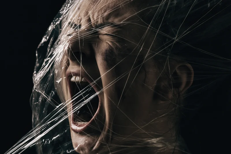 Woman screaming with mouth wide open, face partially wrapped in plastic, dark studio setting