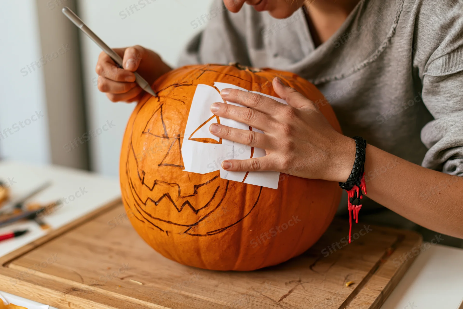 Woman tracing a halloween jack-o-lantern stencil onto a pumpkin on a wooden cutting board