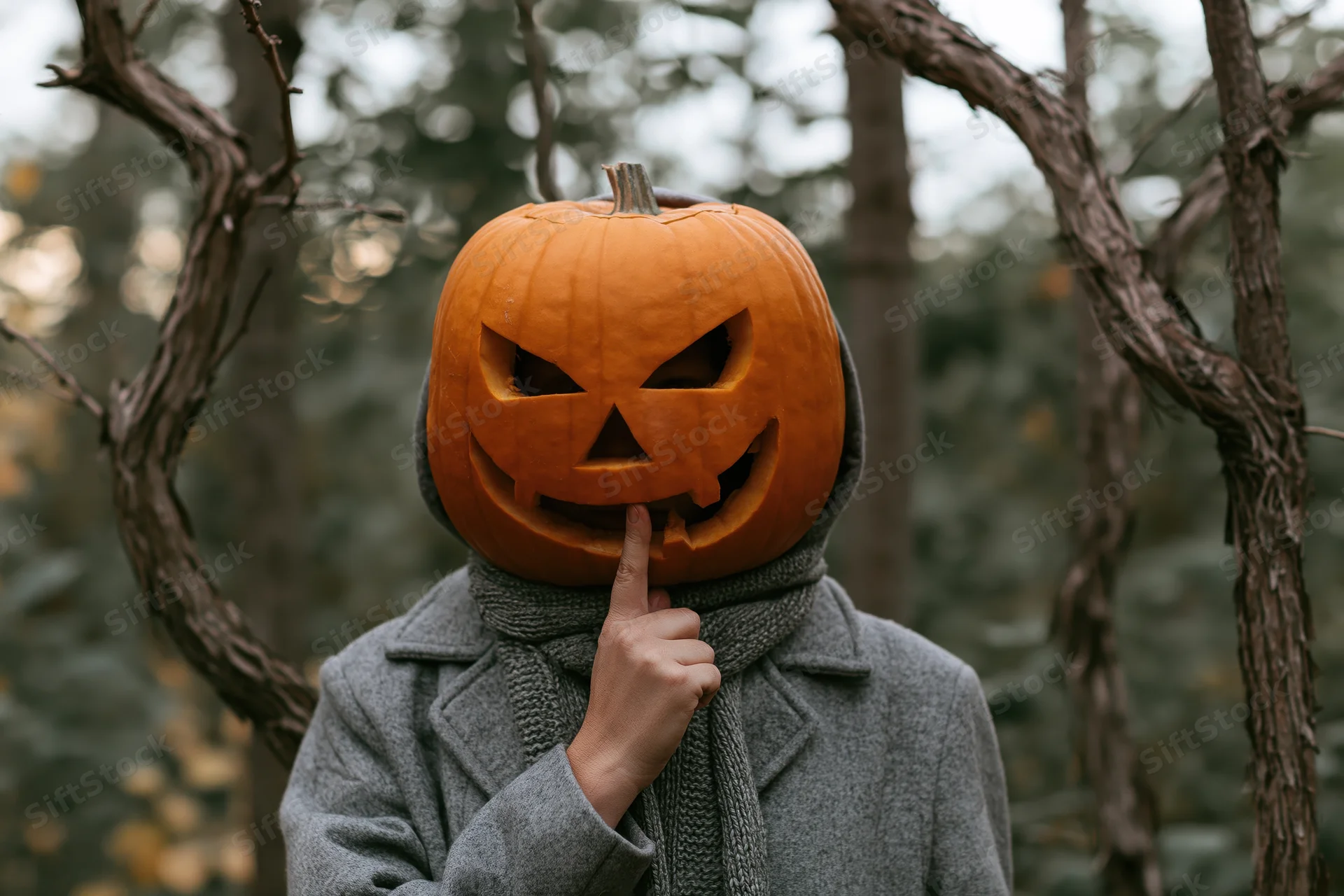 Person in gray coat with carved jack-o-lantern head covering finger to lips in forest