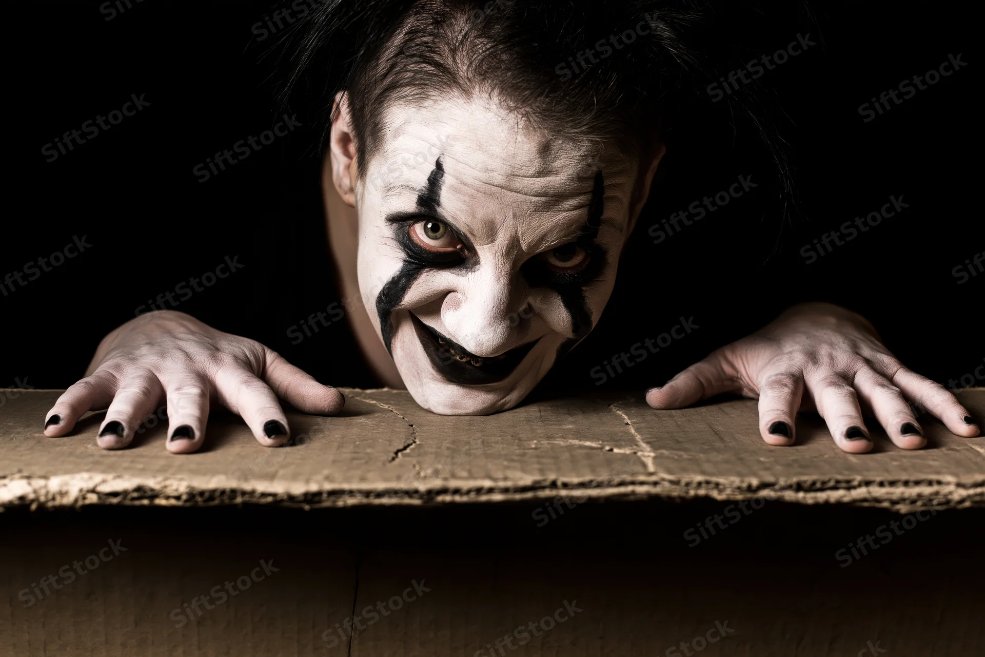 Male clown with dark theatrical makeup peering over cardboard box edge