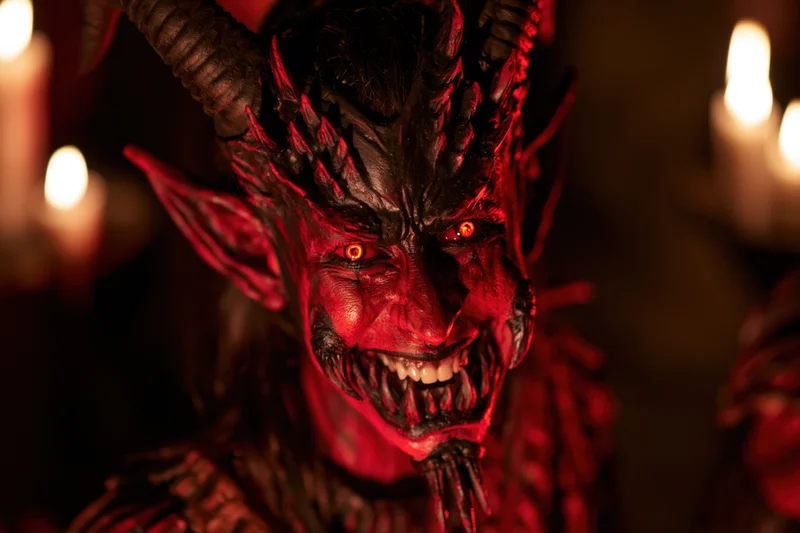 Closeup of a person in an elaborate devil costume with theatrical makeup, glowing red eyes and fangs, illuminated by candlelight
