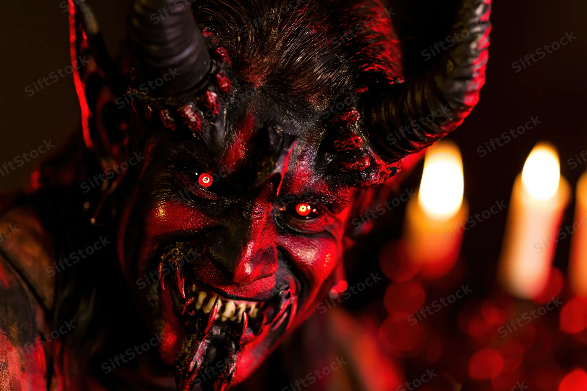 Closeup of a person in a devil costume with theatrical makeup and glowing eyes, illuminated by candles in a dark setting