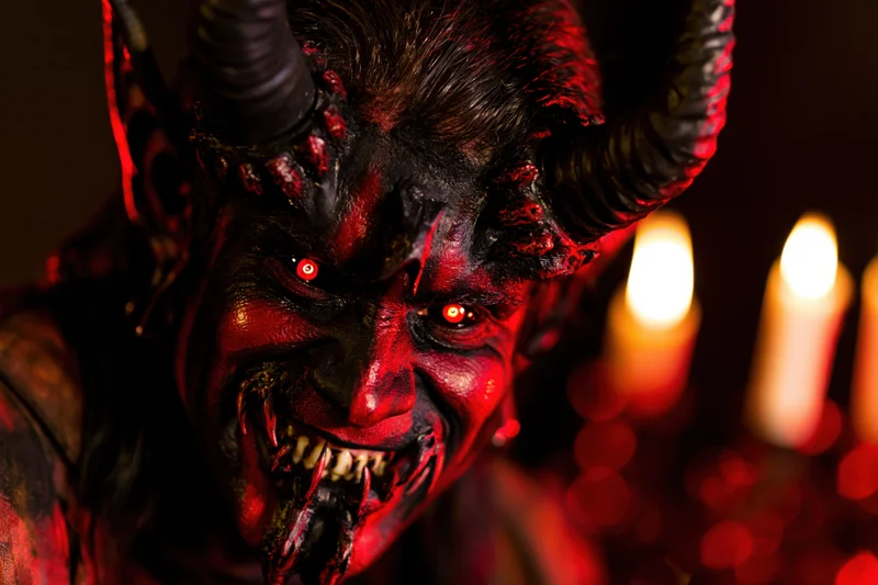 Closeup of a person in a devil costume with theatrical makeup and glowing eyes, illuminated by candles in a dark setting