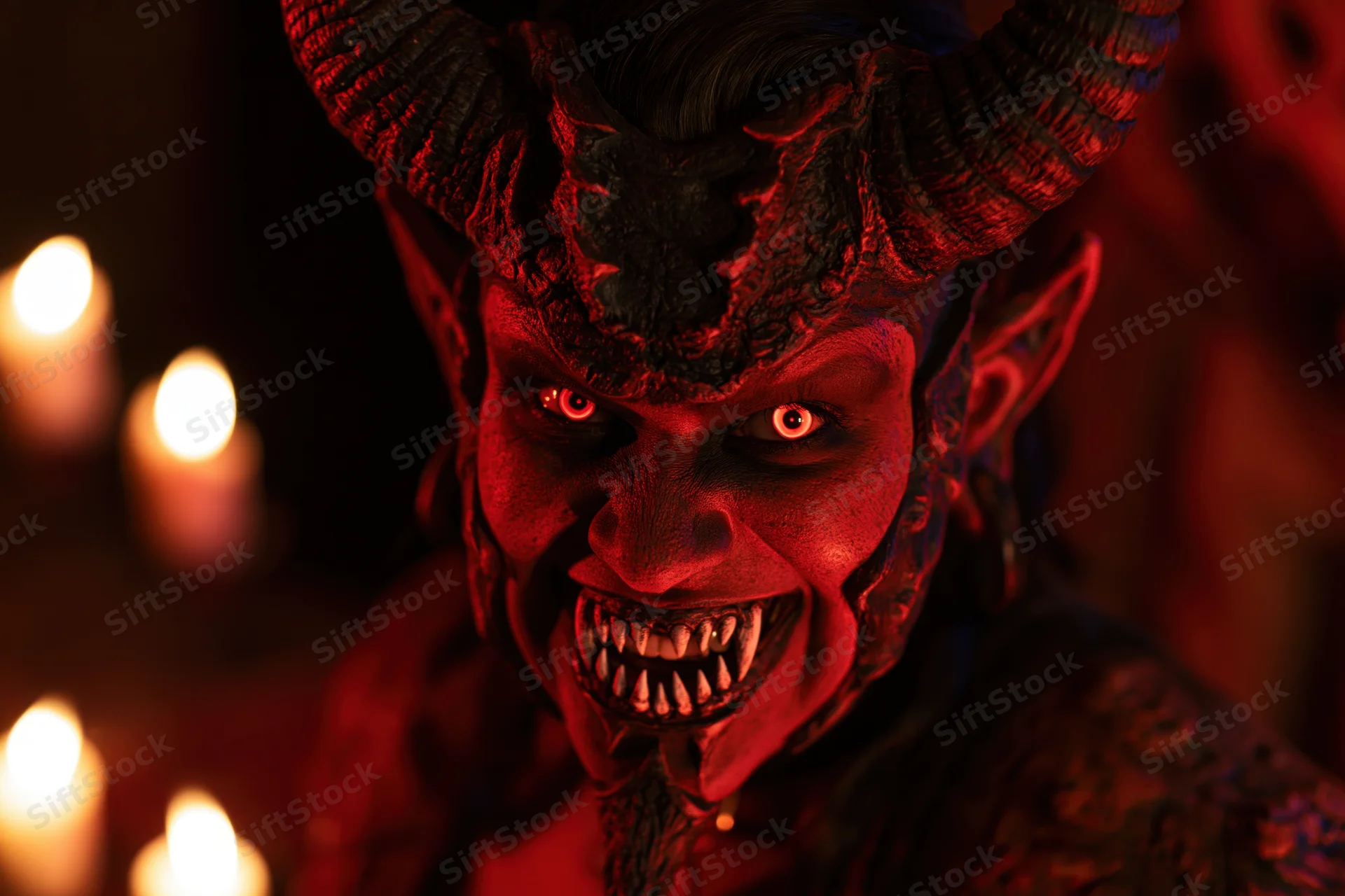 Devil in elaborate costume with horns and fangs, illuminated by candles in dark setting