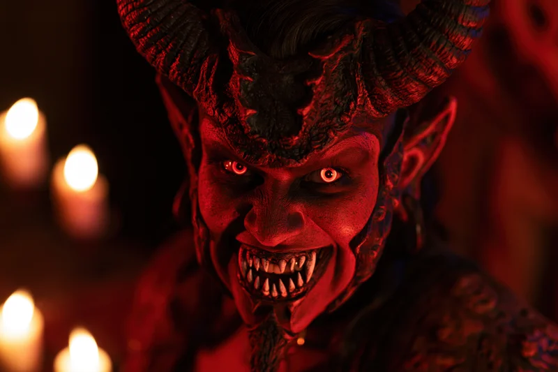 Devil in elaborate costume with horns and fangs, illuminated by candles in dark setting