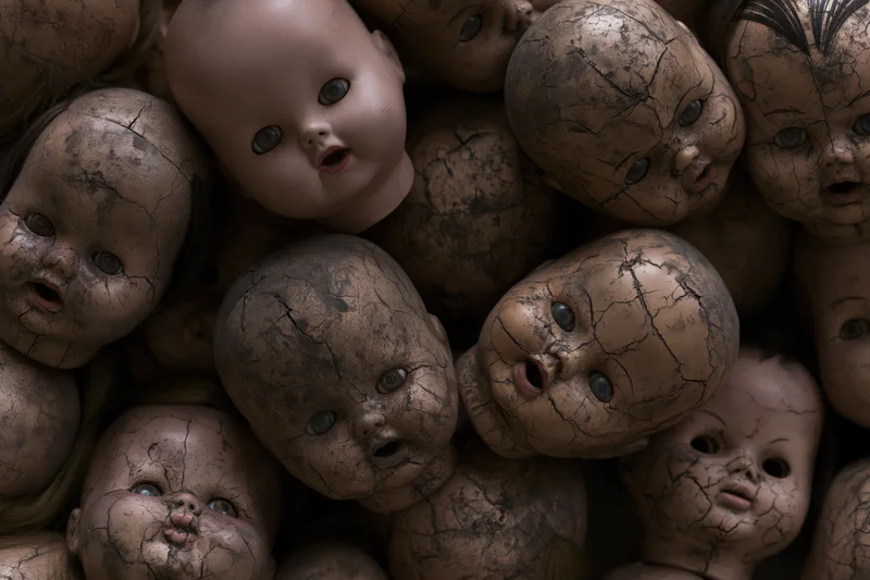 Decayed baby doll heads piled together in a heap