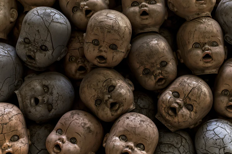 Decayed baby doll heads piled together in a heap