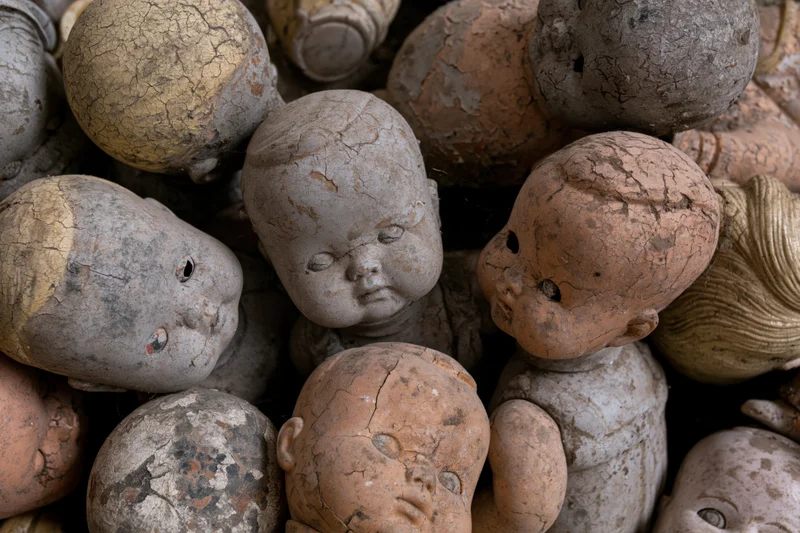 Decayed vintage baby doll heads piled together in a heap