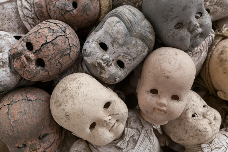 Decayed vintage baby doll heads piled together in a heap