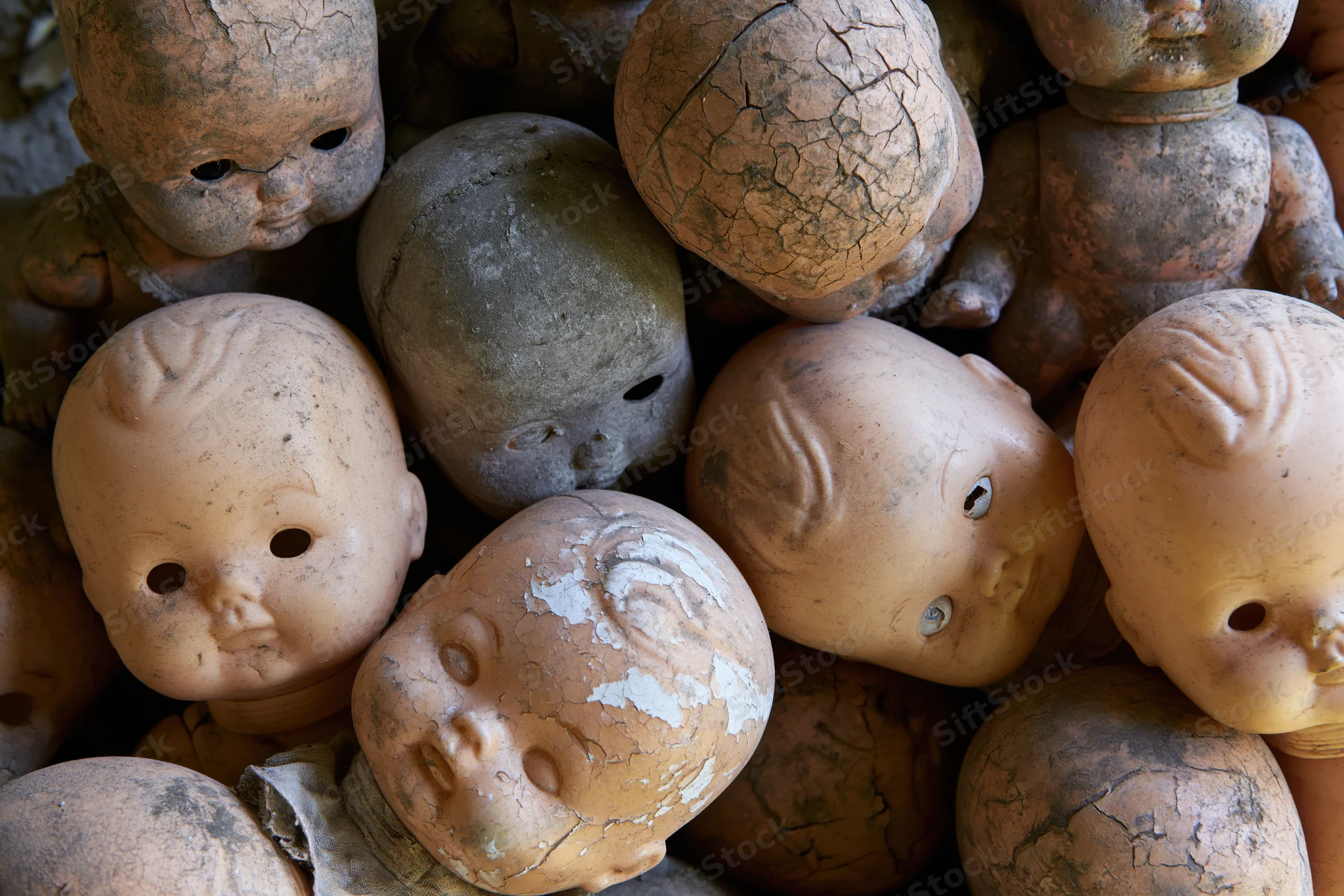 Decayed vintage baby dolls heaped together in a pile