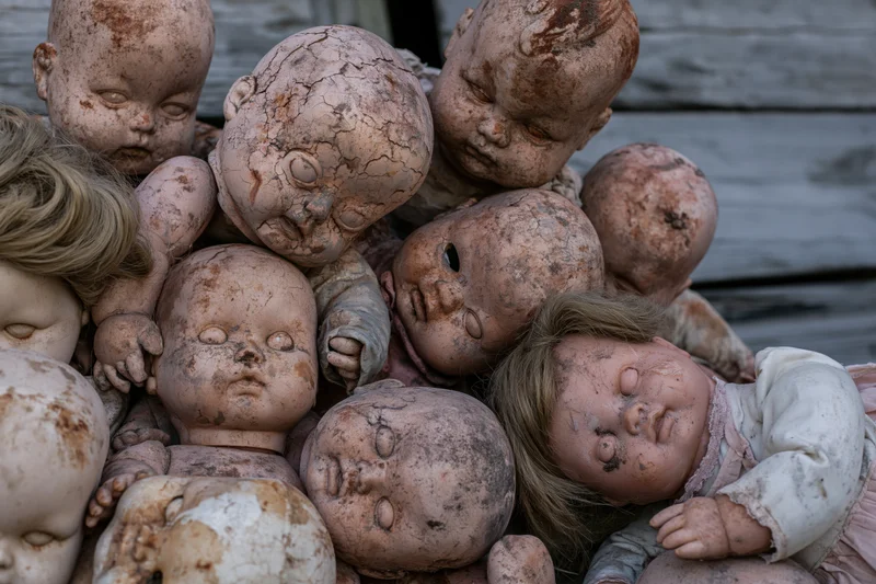 Deteriorating vintage baby dolls heaped together in a pile