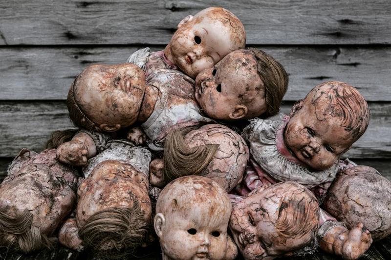 Deteriorating vintage baby dolls heaped together against weathered wooden planks