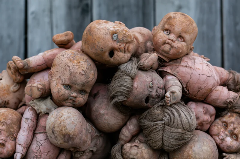 Deteriorating vintage baby dolls heaped together outdoors against a wooden fence