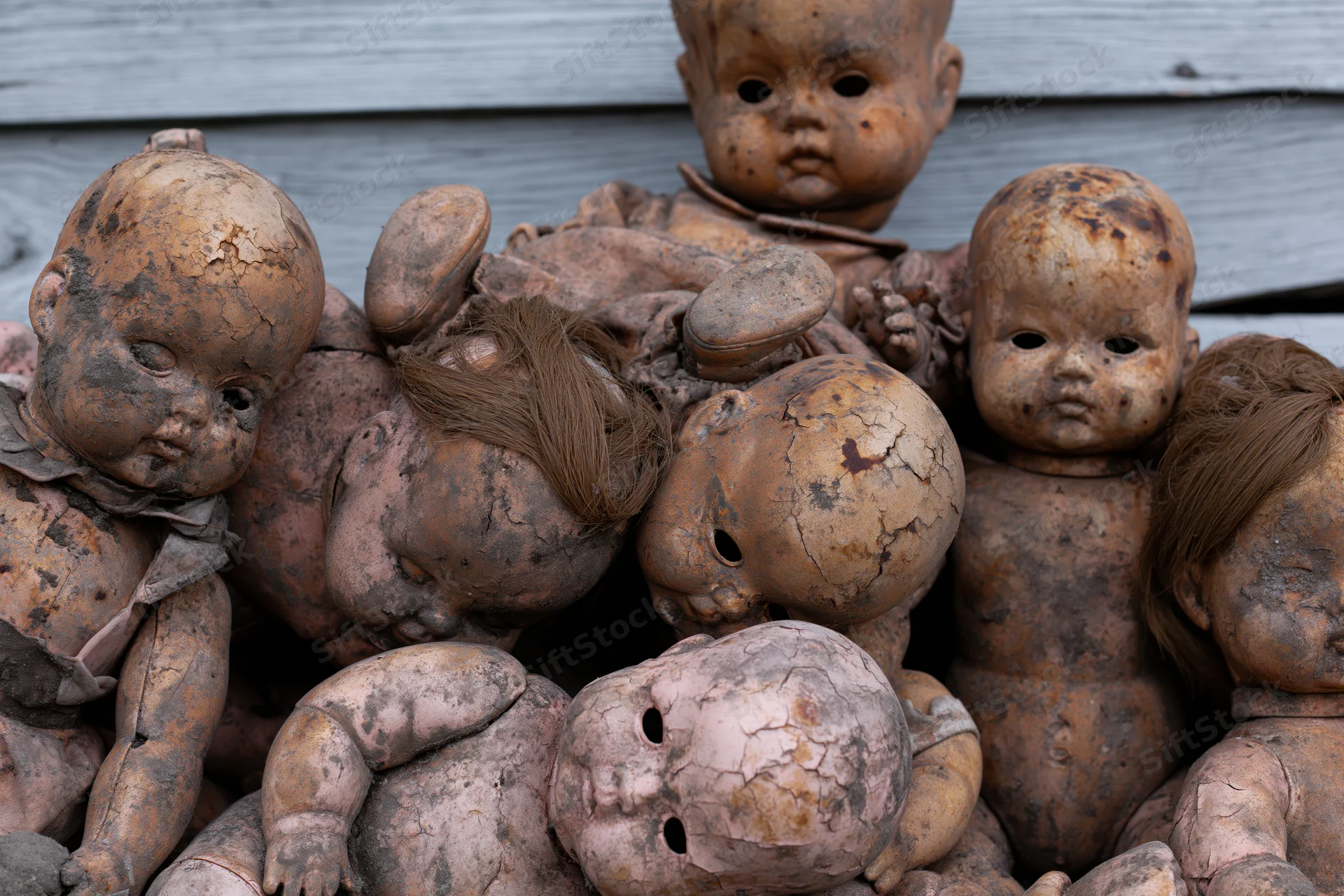 Deteriorating vintage baby dolls heaped together outdoors against a wooden wall