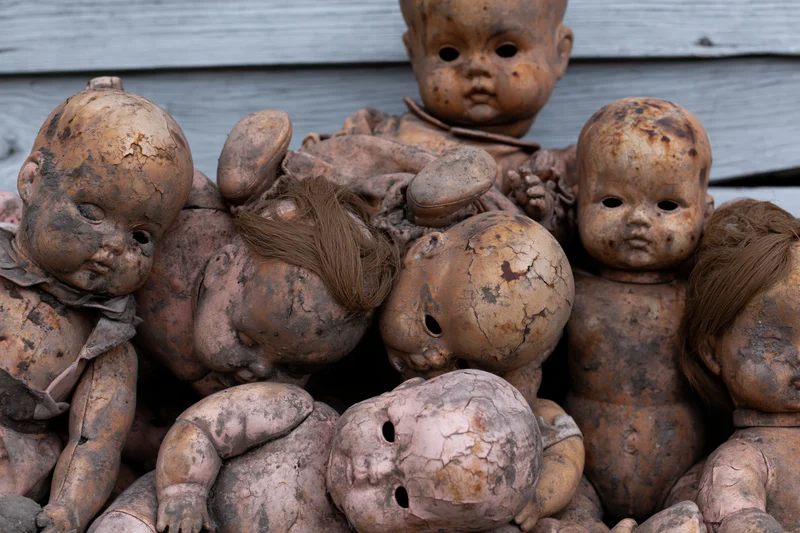 Deteriorating vintage baby dolls heaped together outdoors against a wooden wall
