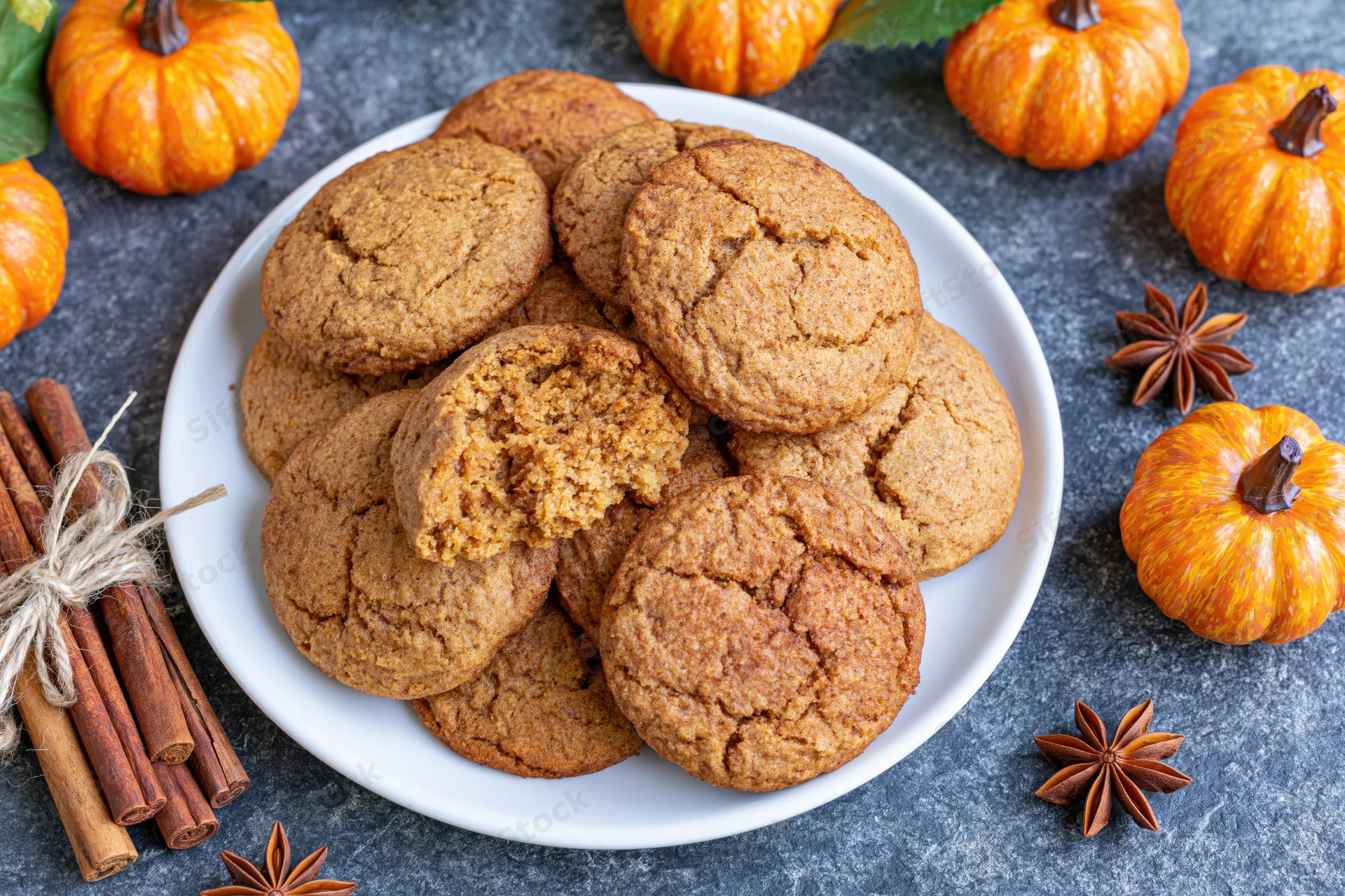 Pumpkin spice cookies piled on a white plate with one broken open, surrounded by small pumpkins and cinnamon sticks on a dark grey surface
