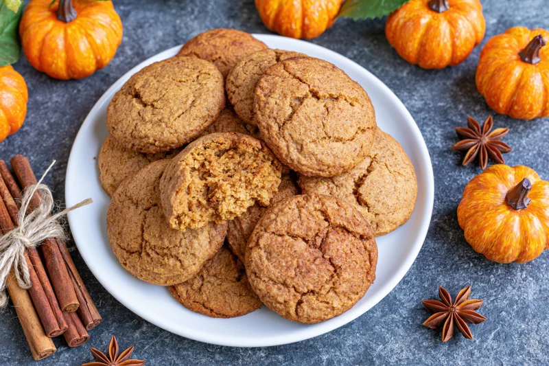 Pumpkin spice cookies piled on a white plate with one broken open, surrounded by small pumpkins and cinnamon sticks on a dark grey surface