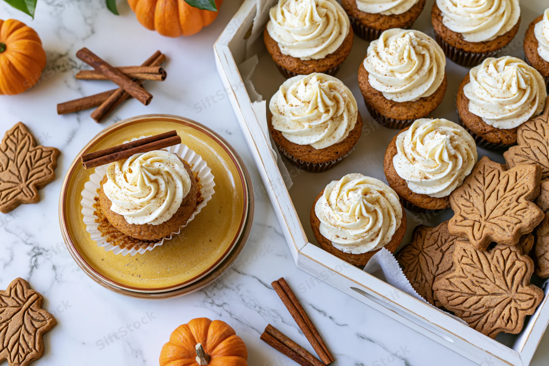 Pumpkin spice cupcakes with cream cheese frosting arranged on a marble table with cinnamon sticks and gingerbread leaf cookies