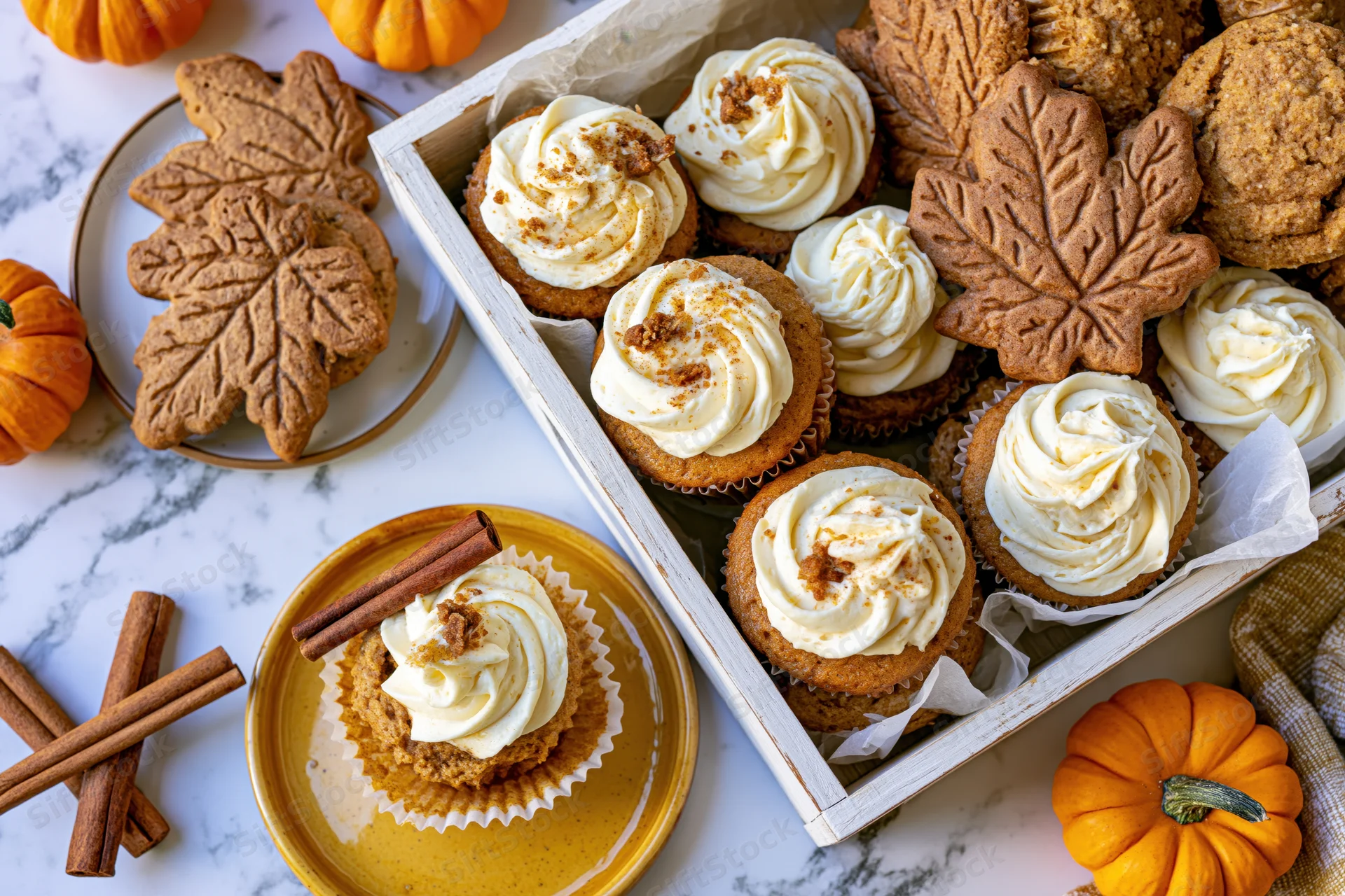 Pumpkin spice cupcakes with cream cheese frosting in a wooden tray surrounded by leaf-shaped cookies and small pumpkins on a marble surface