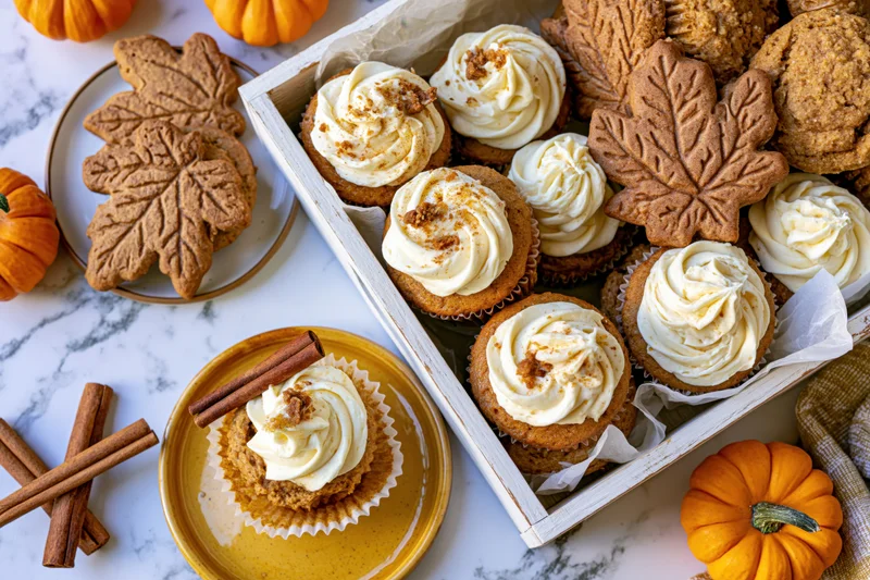 Pumpkin spice cupcakes with cream cheese frosting in a wooden tray surrounded by leaf-shaped cookies and small pumpkins on a marble surface