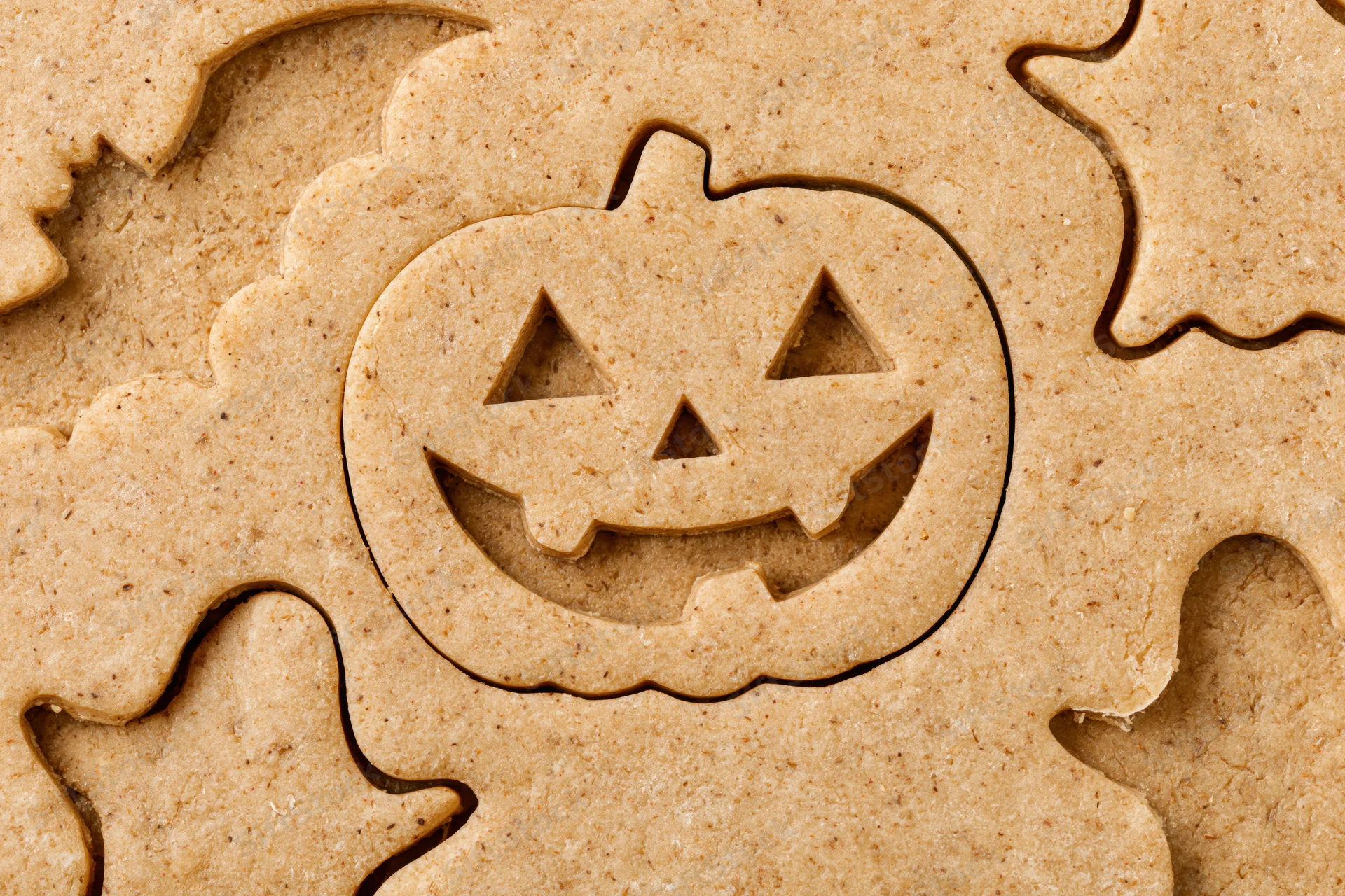 Raw gingerbread dough with halloween pumpkin cutouts arranged flat on surface