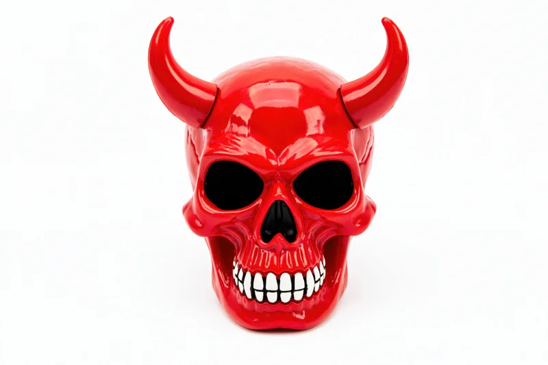 Red plastic devil skull figurine with curved horns and grinning teeth on white background
