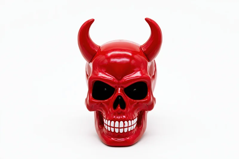 Red plastic devil skull figurine with curved horns and grinning teeth on white background