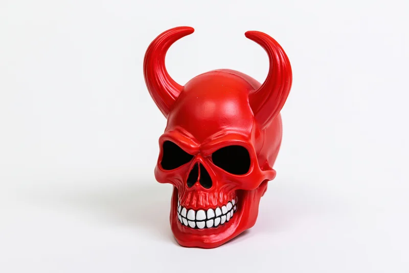 Red plastic devil skull figurine with curved horns and grinning teeth on white background