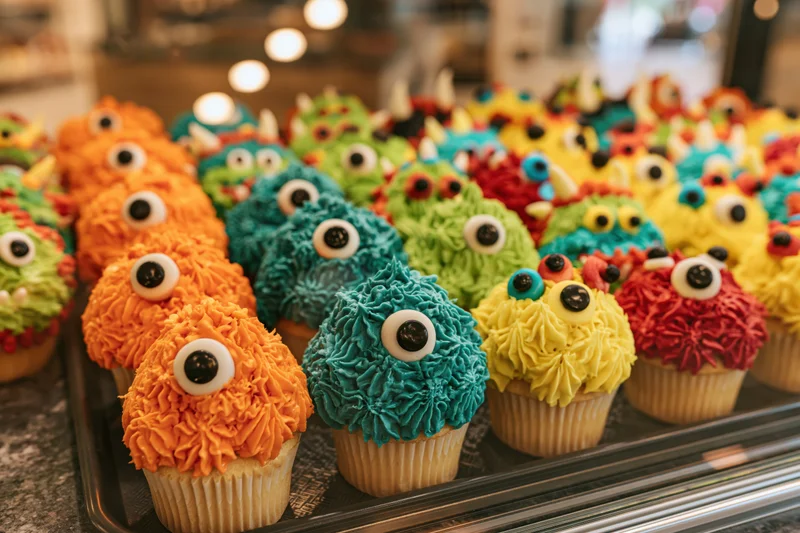 Rows of colorful monster-themed cupcakes with candy eyeballs on a tray in a bakery display