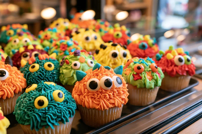 Rows of colorful monster-themed cupcakes with candy eyeballs on a tray in a bakery display
