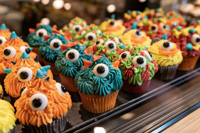 Rows of colorful monster-themed cupcakes with candy eyeballs on a bakery display tray