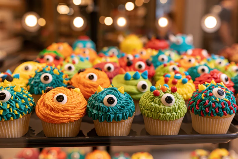 Rows of colorful monster-themed cupcakes with candy eyeballs on a tray in a bakery display