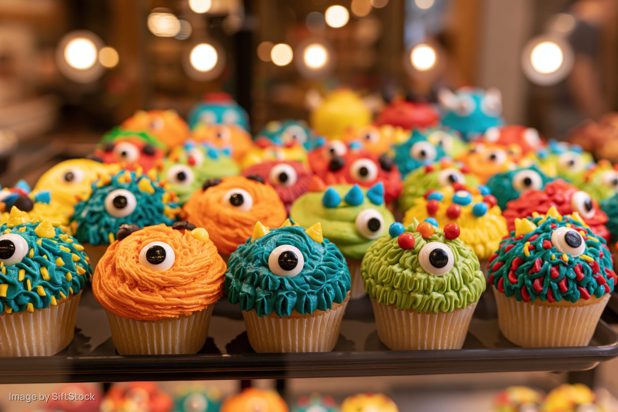 Rows of colorful monster-themed cupcakes with candy eyeballs on a tray in a bakery display