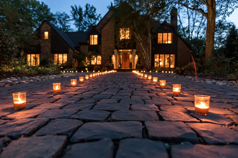 Rows of candles in glass holders lining a stone pathway leading to a house at twilight