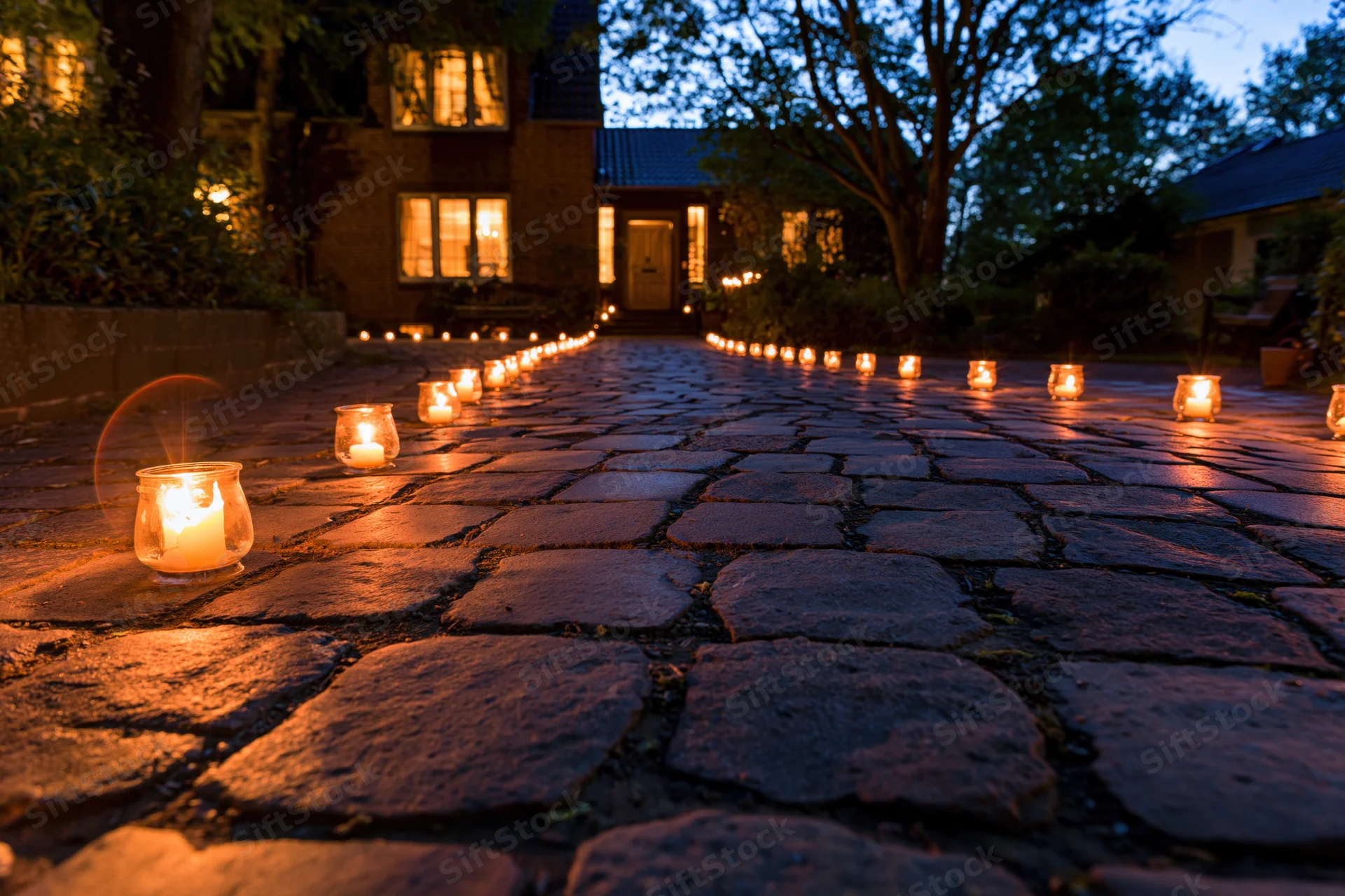 Candles in glass holders lining a stone pathway leading to a house entrance at twilight