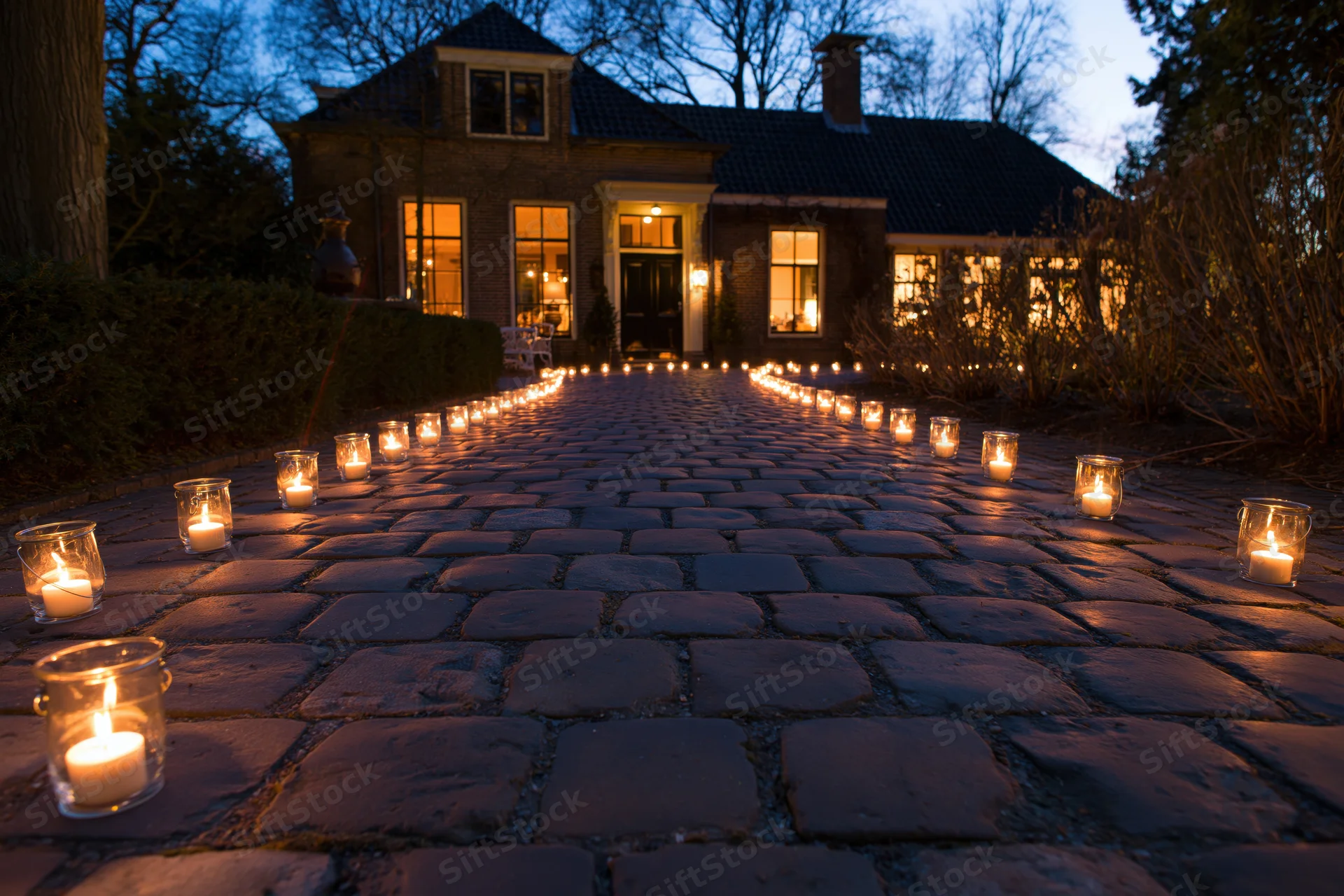 Rows of candles in glass holders lining a cobblestone pathway to a house at twilight