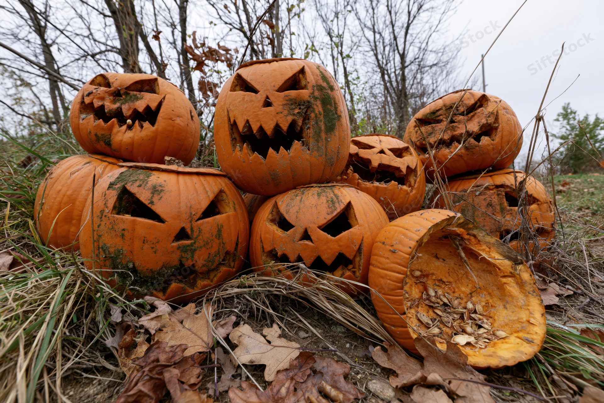 Carved pumpkins with jagged faces piled on grass among fallen leaves in a wooded area