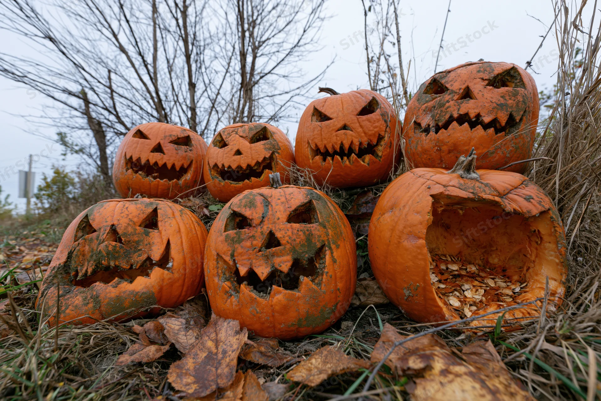 Seven carved pumpkins with jagged grimacing faces decaying in a grassy field among dry leaves and bare trees