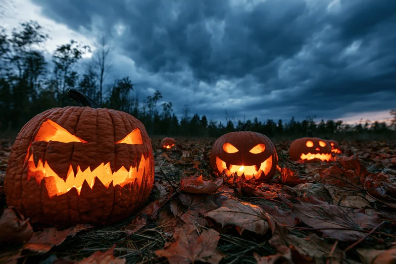 Carved jack-o-lanterns glowing in a field covered with autumn leaves under a dark cloudy sky