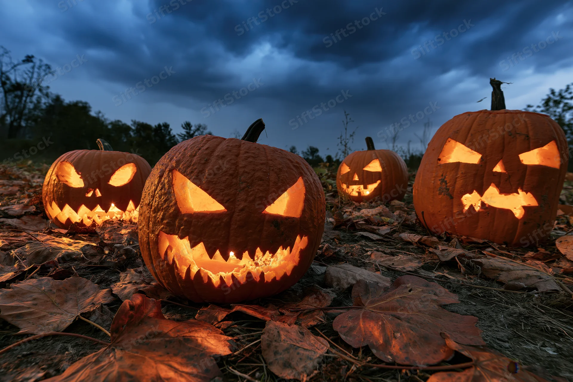 Carved jack-o-lanterns glowing in an open field at night among fallen leaves