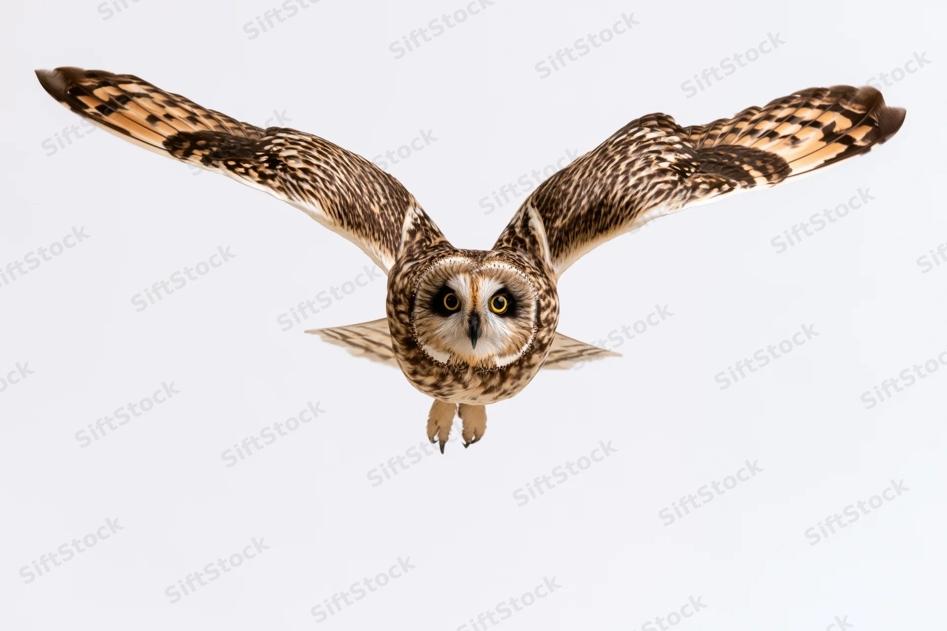 Short-eared owl in mid-flight with wings fully spread against white background