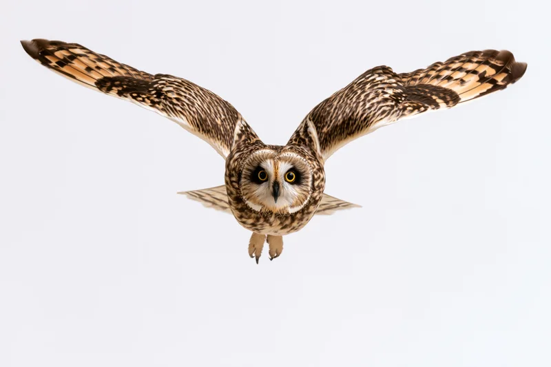 Short-eared owl in mid-flight with wings fully spread against white background