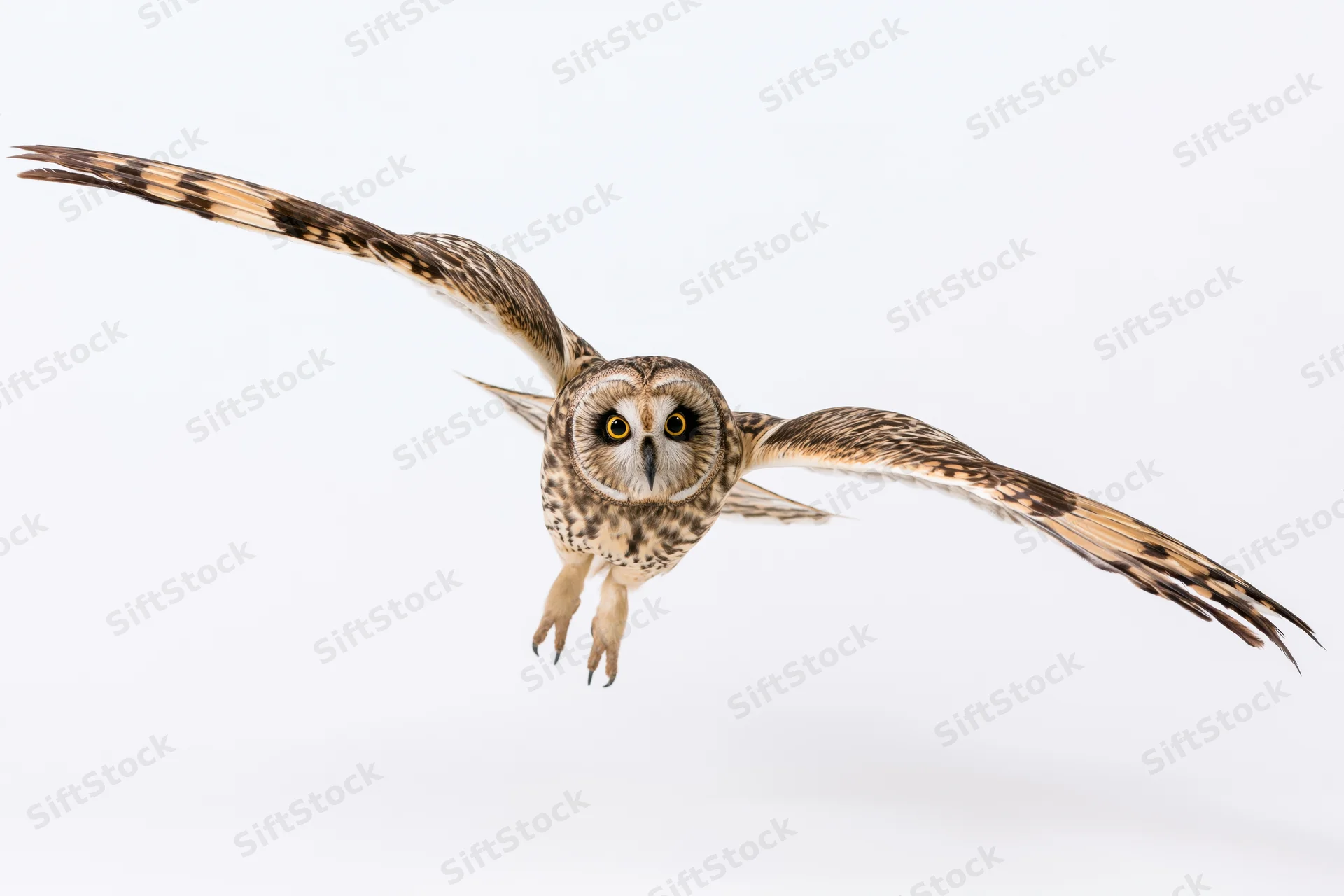 Short-eared owl in mid-flight with wings fully spread against white background