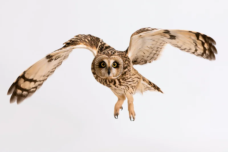 Short-eared owl in mid-flight with wings fully spread against white background