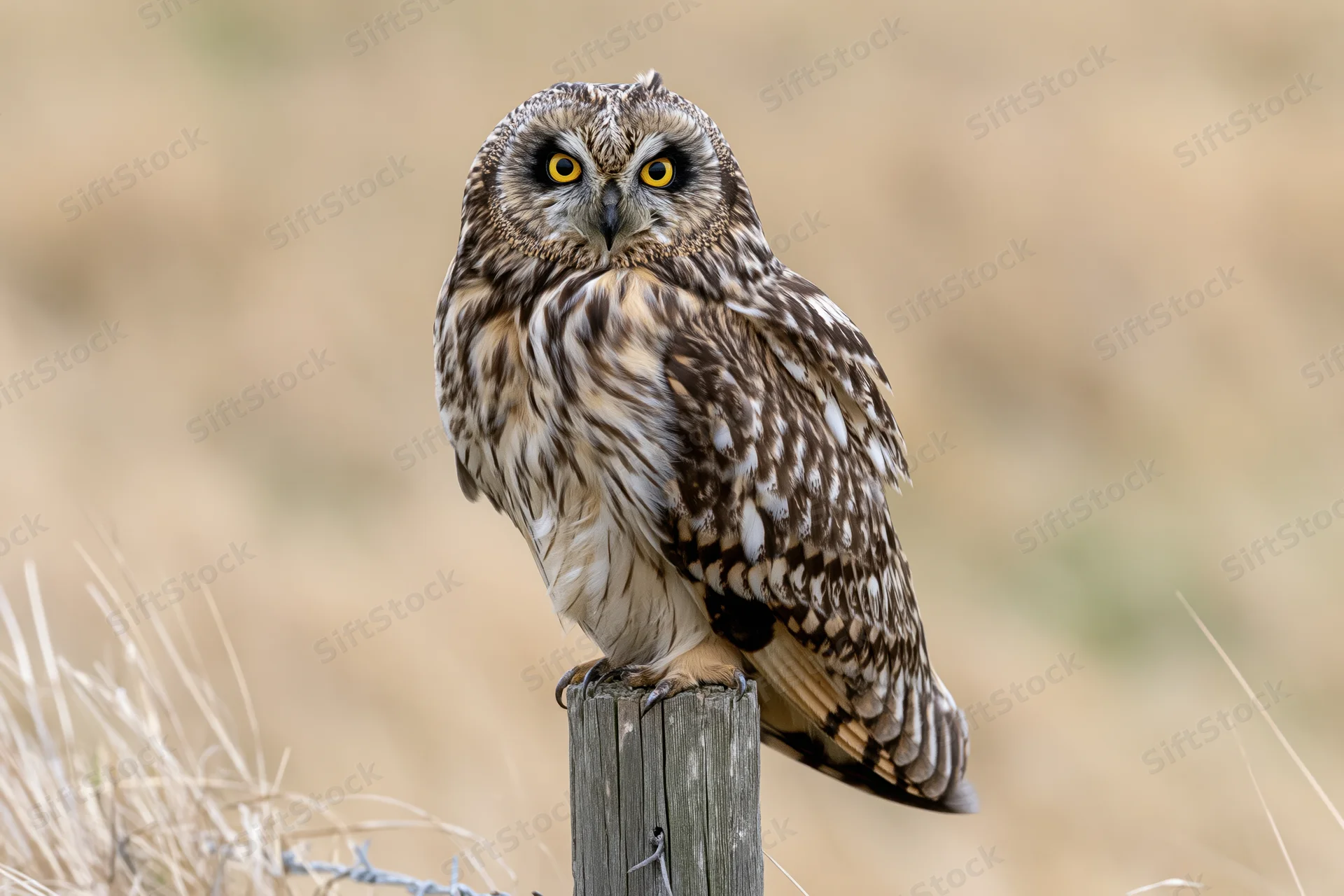 Short-eared owl perched upright on a weathered wooden fence post in a grassy field