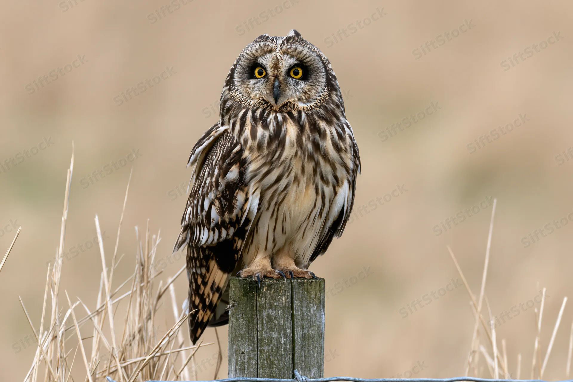 Short-eared owl perched upright on a weathered wooden fence post in a dry grassy field