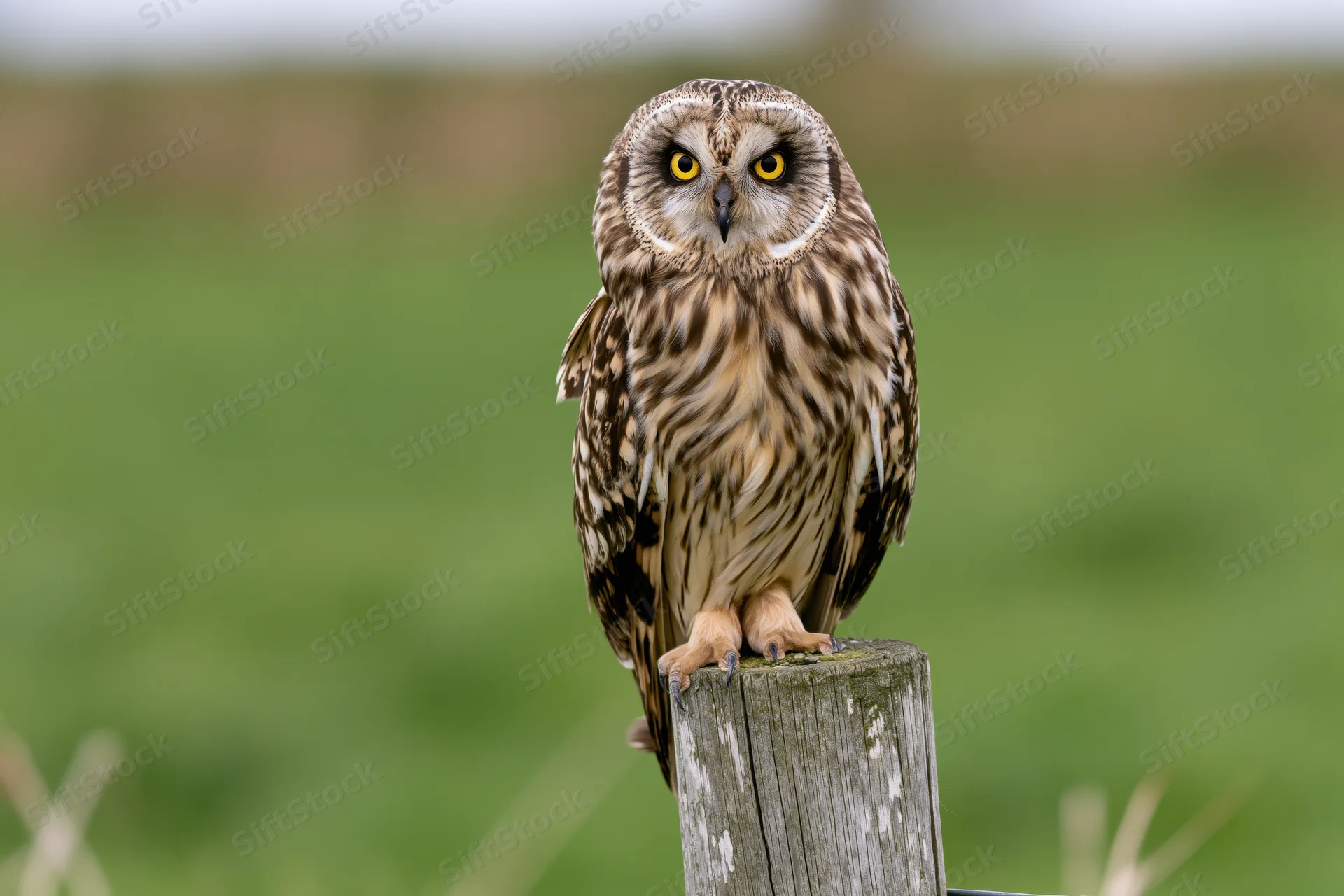 Short-eared owl perched upright on a weathered wooden fence post in a green field
