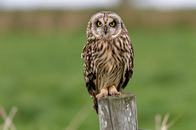 Short-eared owl perched upright on a weathered wooden fence post in a green field